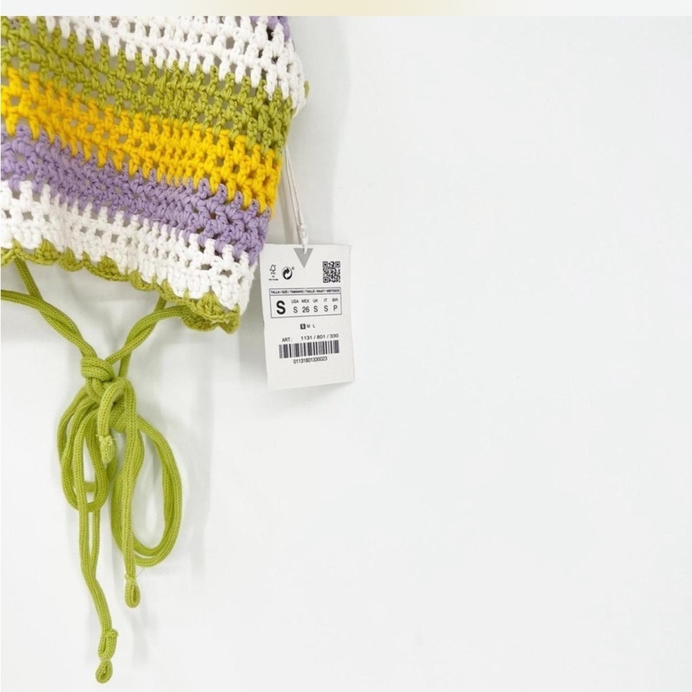 Zara Crochet Halter Crop Striped Tie Back Multi Boho Festival Top Women Small - Picture 4 of 4